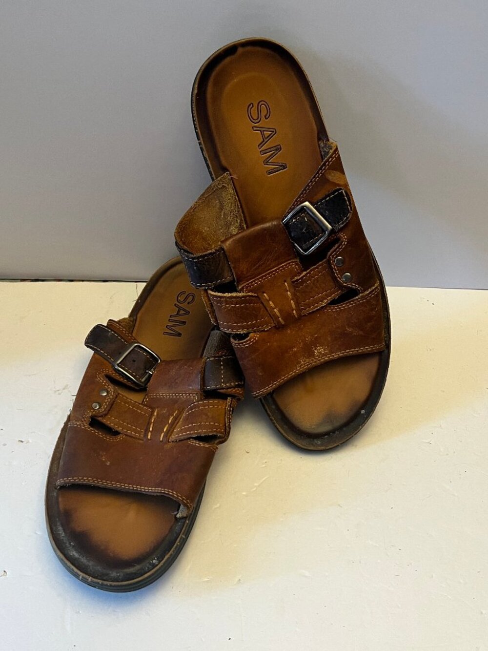 Vintage SAM Brown Leather Buckle Slide Sandals - Men's Slip-On Mules